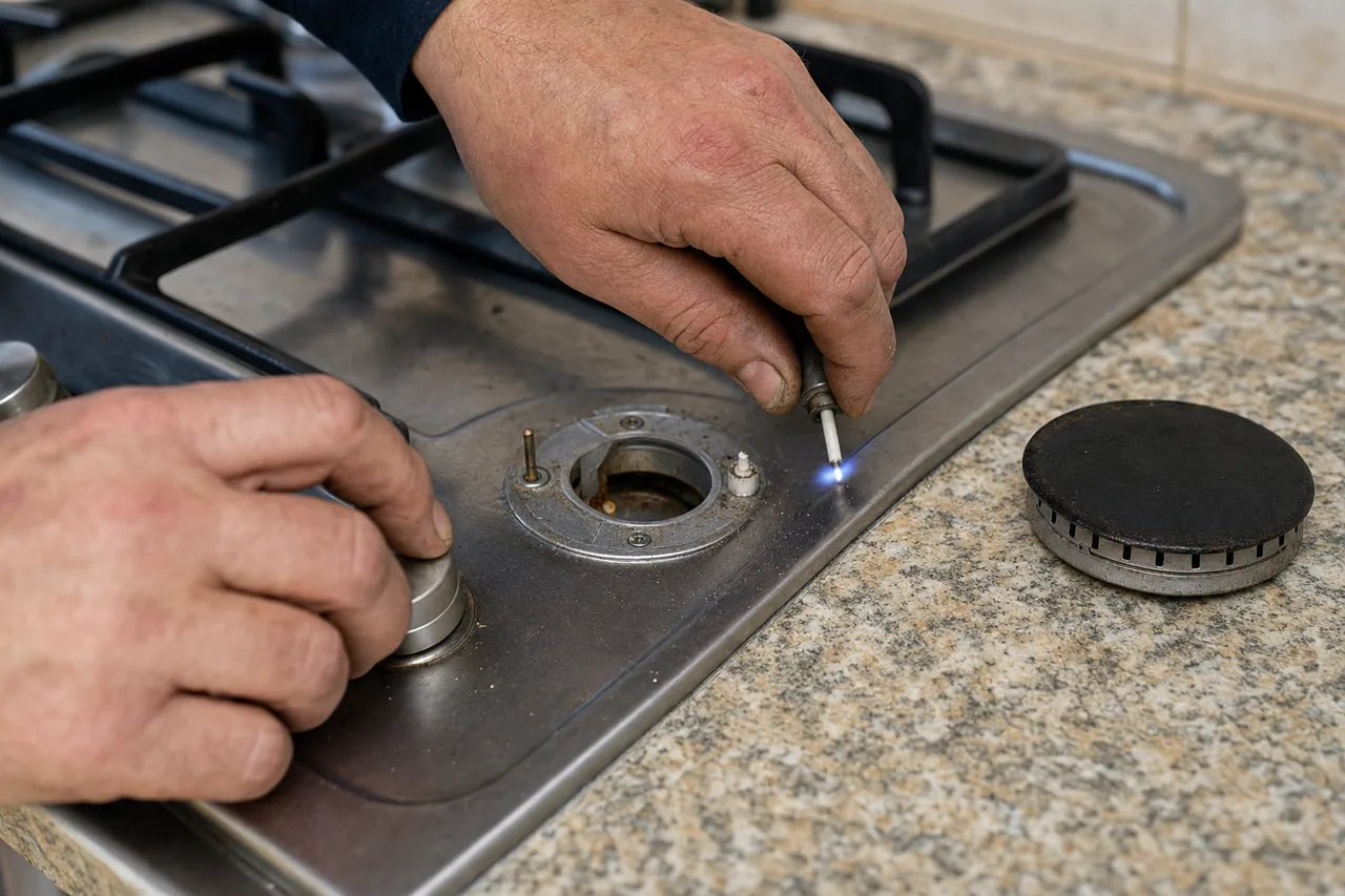 Technician adjusting a gas cooktop burner mid-repair