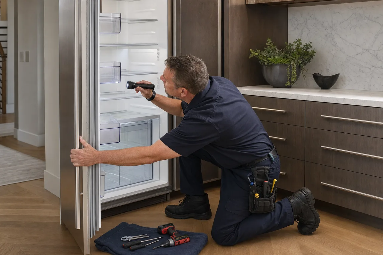 Technician repairing a built-in refrigerator up close