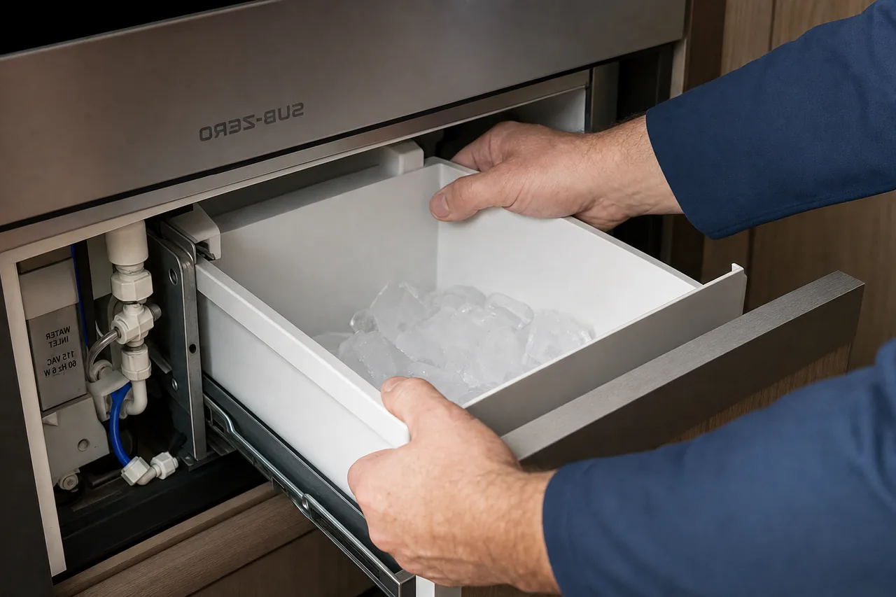 Technician servicing a built-in ice maker mid-repair