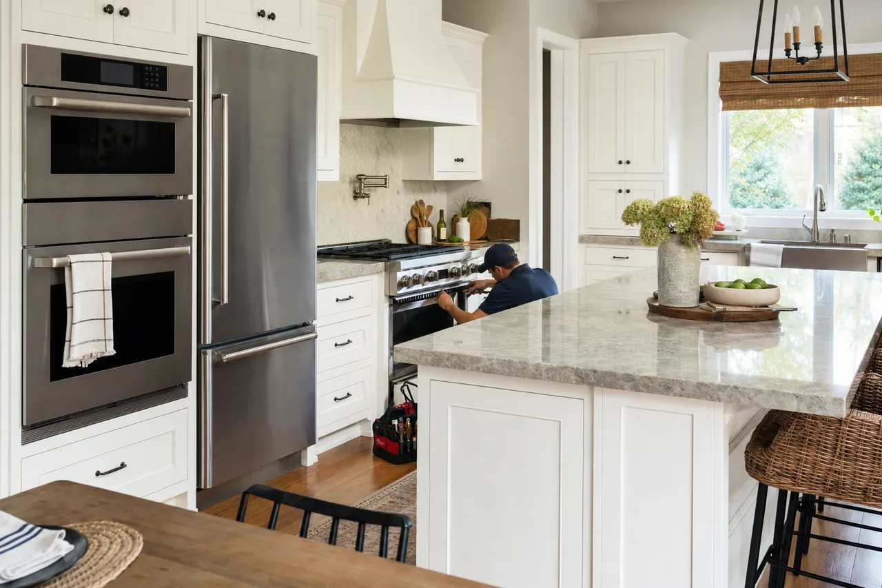 A luxury kitchen with built-in stainless appliances mid-repair