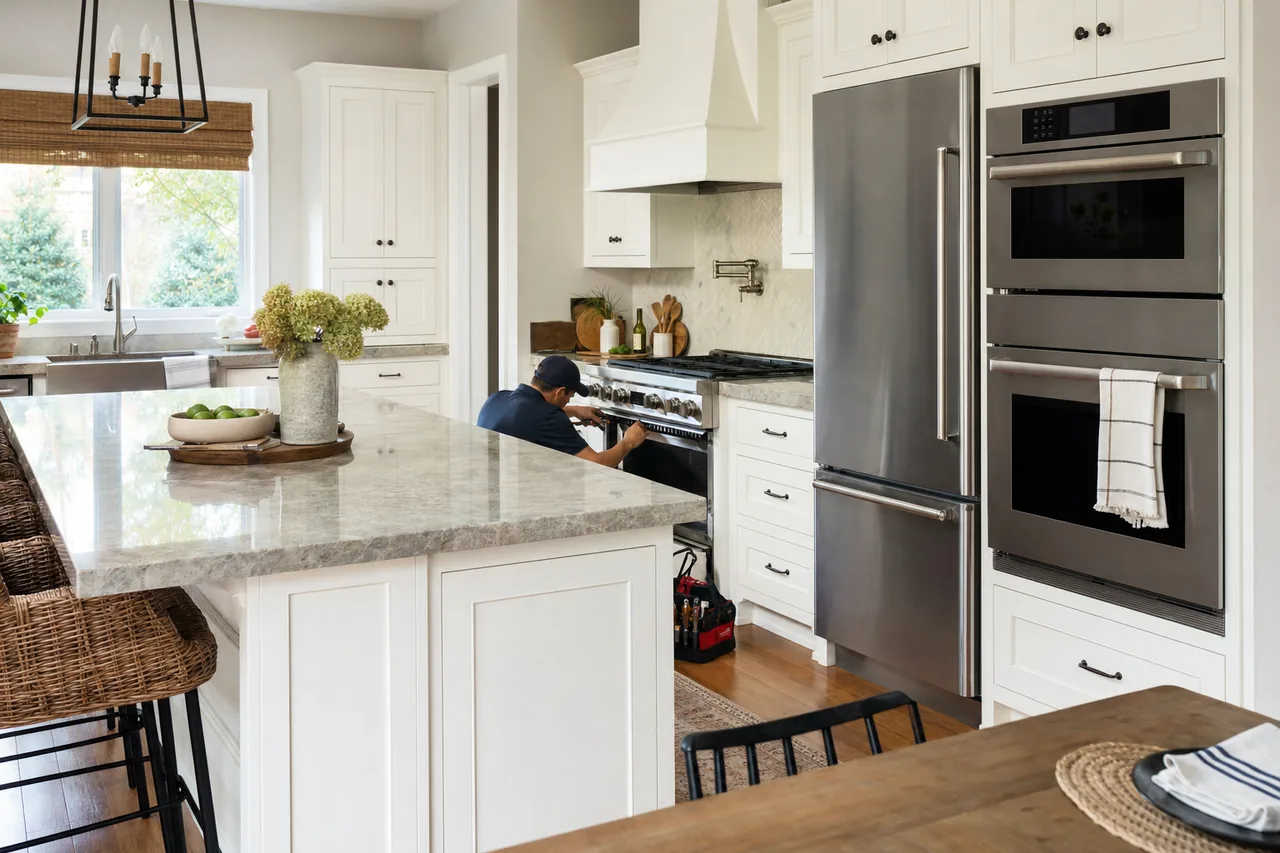 A luxury kitchen with built-in stainless appliances in a Pound Ridge kitchen