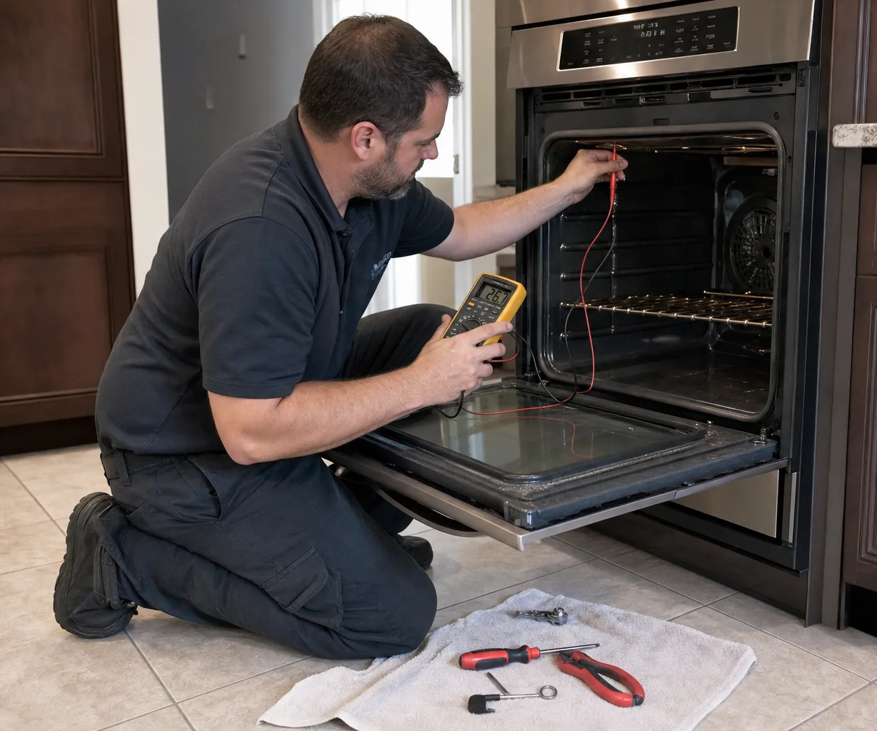 Technician servicing a built-in wall oven up close