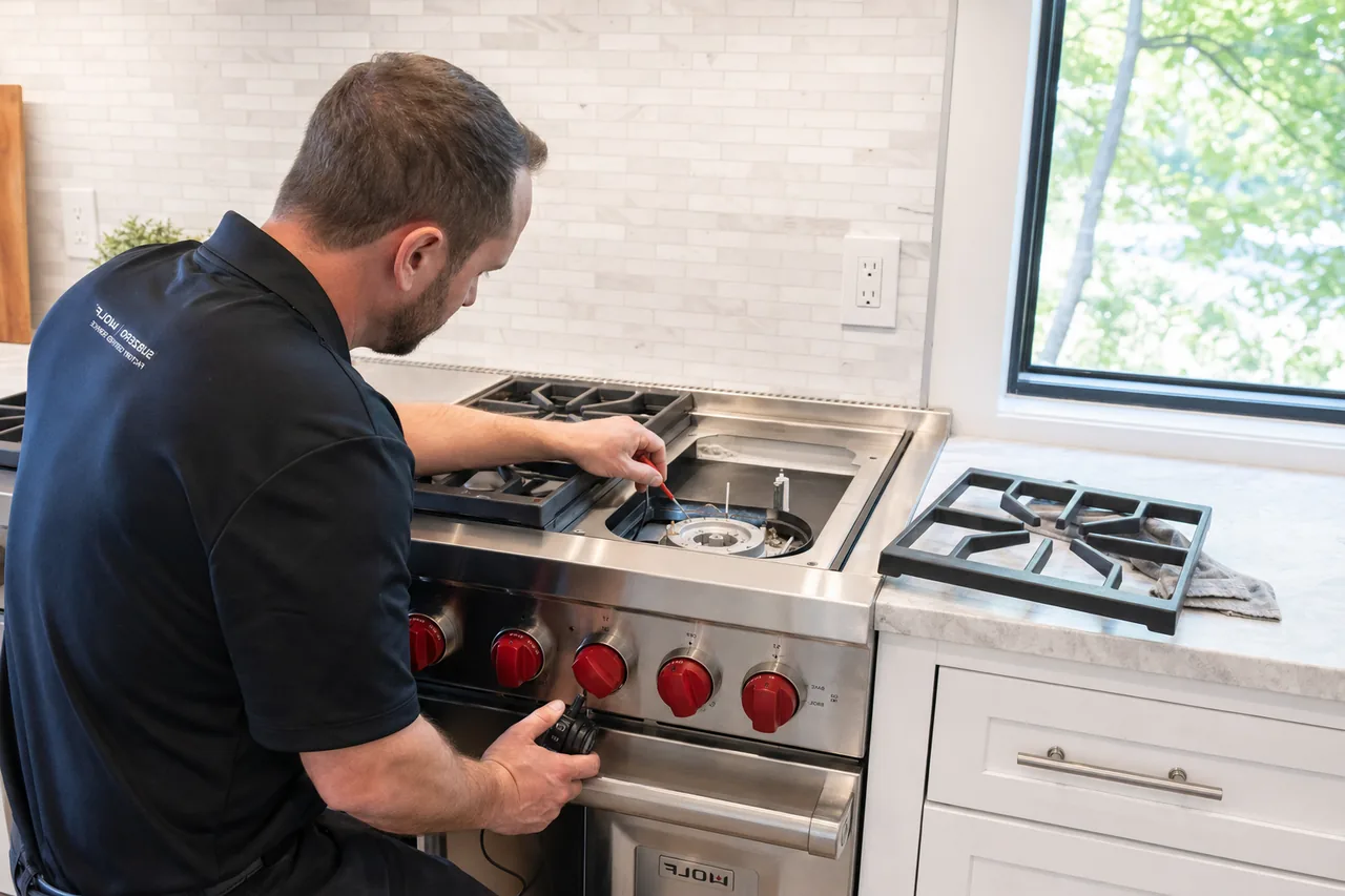 Technician servicing a stainless Wolf range on a same-day visit